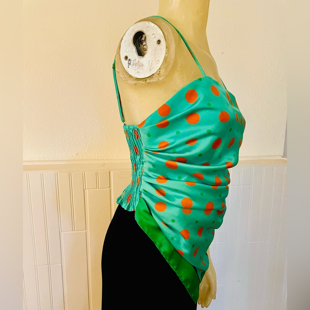 Zara silky scarf sleeveless Green and Orange Polka Dot Blouse